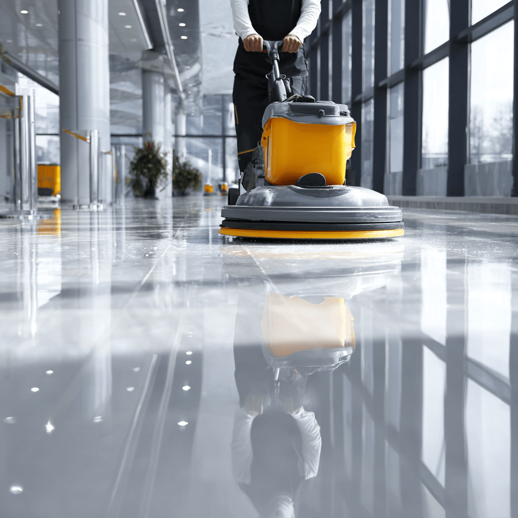 Professional commercial cleaning service showing a cleaner operating a floor cleaning machine in a modern commercial building - XL Retail Services